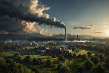 Carbon emissions from modern factories.Pricing system.Taxes on emissions. - obrazy, fototapety, plakaty