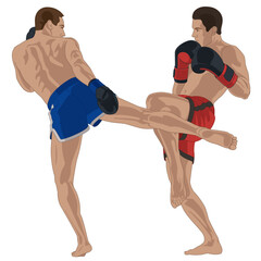 kickboxing, match between two male boxers isolated on a white background