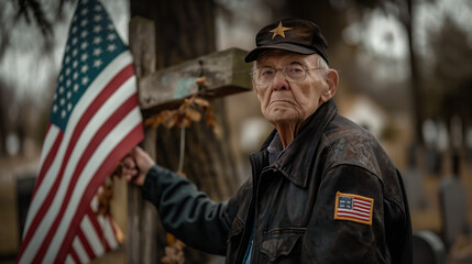 An elderly veteran standing solemnly by a decorated cross in a cemetery, his hand resting on the American flag, lost in silent remembrance. - obrazy, fototapety, plakaty