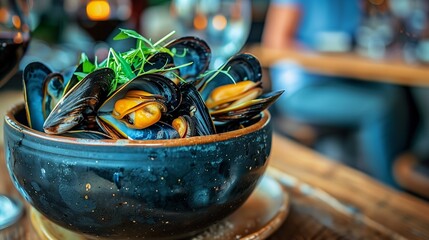 Mixing bowl filled with mussels on a rustic wooden table - obrazy, fototapety, plakaty