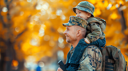 A proud military dad carrying his young son on his shoulders, both grinning broadly as they walk through a park filled with vibrant autumn colors.