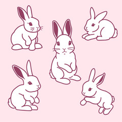 Set of Easter Bunnies. Cute bunnies in different poses on pink background. Hand drawn vector illustration