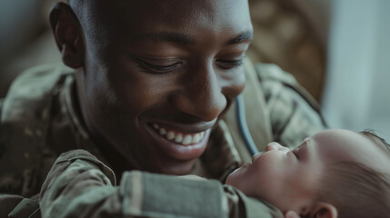A soldier in uniform smiling brightly as he holds his newborn baby for the first time, their eyes meeting with a sense of profound connection and pride.