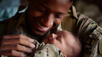 A soldier in uniform smiling brightly as he holds his newborn baby for the first time, their eyes meeting with a sense of profound connection and pride.