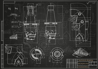 Mechanical engineering drawings on black background. Tap tools, borer. Technical Design. Cover. Blueprint. Vector illustration.