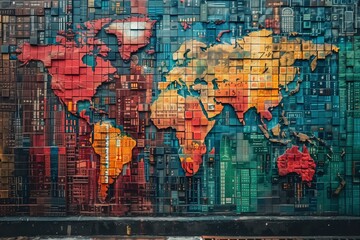 World map on colorful container facade