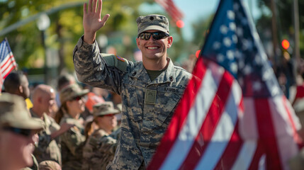 A soldier returning to a small-town parade in his honor, waving proudly from a float adorned with American flags, surrounded by cheering community members.
