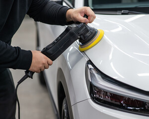 Process of polishing white car hood surface using orbital polishing machine. 