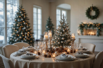 Christmas dining table, Christmas decor with a Christmas tree in the background