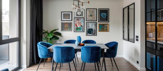 The dining room features a table, blue chairs, and black frames on a light-colored wall in a modern apartment.