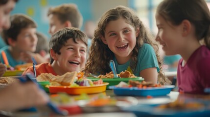 A group of children sit around a table in a school cafeteria, eating food and chatting gleefully