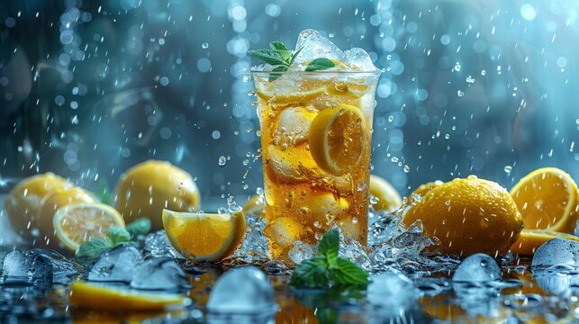  A glass of iced tea, garnished with lemons and mint, sits on a table Ice cubes clink softly, and water splashes periodically