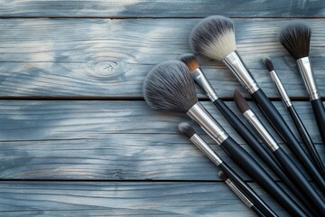 set of brushes for makeup scattered chaotically on wood,  set of makeup brushed closeup, makeup, ladies makeup brushes, beauty background, fashion background, salon background, beauty background, spa