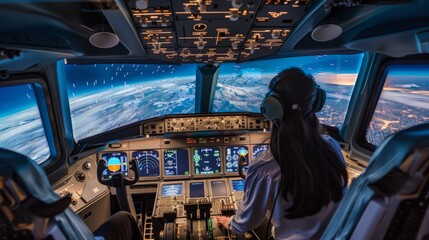 A woman sits in the cockpit of an airplane, in the pilots seat, maneuvering the flight controls as part of her training - obrazy, fototapety, plakaty