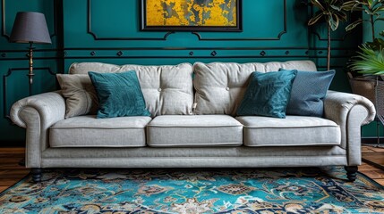   A white couch faces a blue rug in the living room A green wall holds a painting nearby