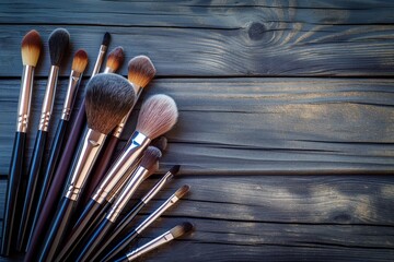 set of brushes for makeup scattered chaotically on wood,  set of makeup brushed closeup, makeup, ladies makeup brushes, beauty background, fashion background, salon background, beauty background, spa