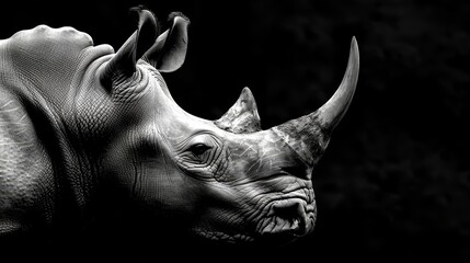   A black-and-white image of a rhino's head featuring a long, curved horn
