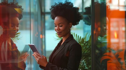 A medium shot of a businesswoman standing in front of a glass wall, confidently holding a tablet - Powered by Adobe