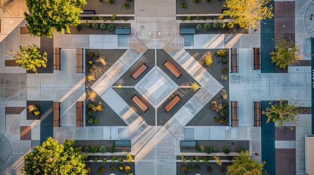 Aerial view of a courtyard featuring benches and trees, showcasing geometric patterns formed by their arrangement