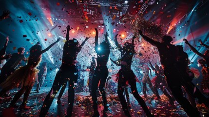 People standing on a stage showered in confetti, faces lit by stage lights