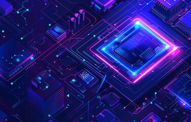 Futuristic Digital Technology Background with Computer Elements and Software Icons in Blue and Purple Tones for Business Presentation or Banner Design