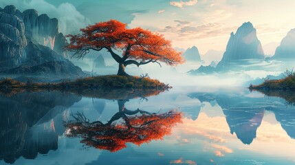 Tranquil depiction of a solitary autumn tree mirrored in the calm water, conveying a sense of abstract beauty. - obrazy, fototapety, plakaty