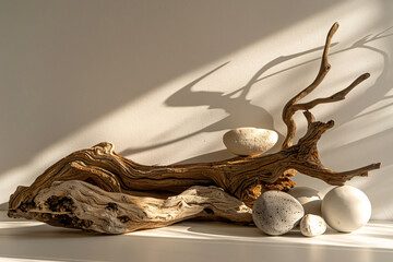 Empty stone podium for product display, featuring driftwood and rocks. Elegant minimalistic background