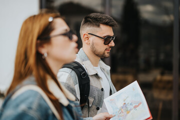 A young man and woman, tourists, examine a map while exploring an urban environment under sunny conditions, showcasing a moment of adventure during their trip.