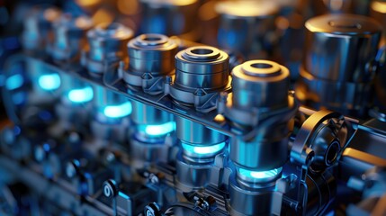 3D Render of an Engine, Hyperrealistic Engineering Visualization, High-Tech Industrial Illustration, Blue Engine Components with Glowing Elements