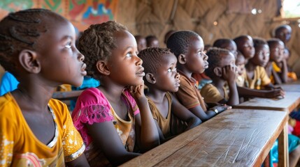 Young children sitting at a table in rows, listening attentively to their teacher during a lesson in a classroom setting - obrazy, fototapety, plakaty