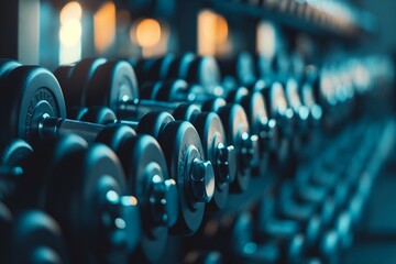 Rows of dumbbells in the gym closeup, gym background, fitness background, dumble for the gym, lots...