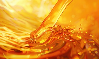 Pouring Golden Oil Close-Up, Culinary Photography, Golden Liquid Texture Flowing in a Close-Up View