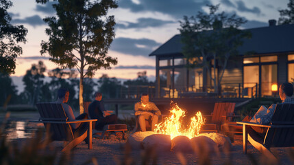 Family members gathering around a bonfire to discuss interior design ideas. Happiness, love, sincerity, team, knowledge, desire to live - obrazy, fototapety, plakaty