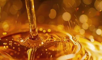 Pouring Golden Oil Close-Up, Culinary Photography, Golden Liquid Texture Flowing in a Close-Up View