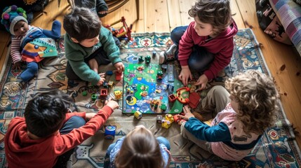 Several children are gathered on a rug, playing with various toys and a board game