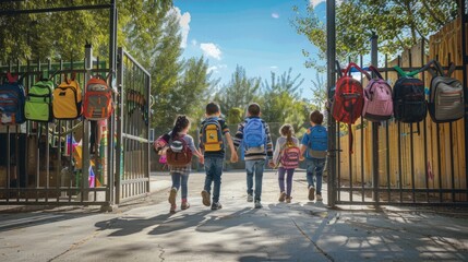 Children holding hands, walking down sidewalk towards school gates. Colorful backpacks visible