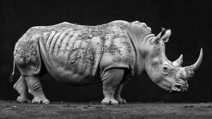   A monochrome image of a rhino covered in dirt against a black backdrop - obrazy, fototapety, plakaty