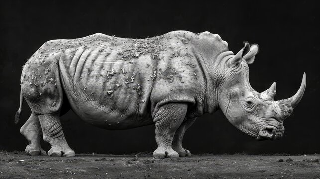   A monochrome image of a rhino covered in dirt against a black backdrop