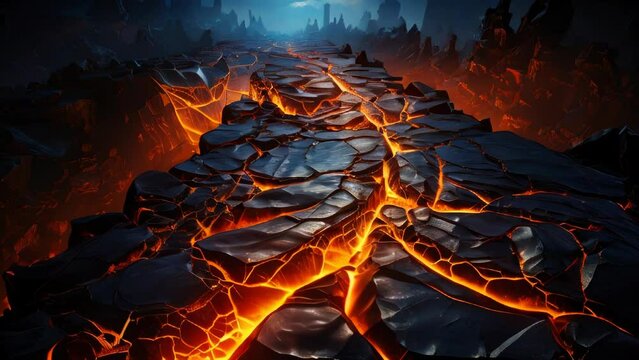 Hot red-hot lava fiery volcano, ground with burning molten magma and cracked earth texture background