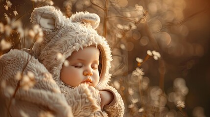 A darling little baby dressed in a fluffy bunny outfit cradled in its mother s arms amidst the beauty of the park
