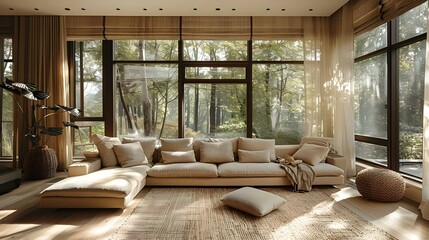 Sunlit Minimalist Haven: Serene Beige Lounge. Concept Minimalist Decor, Beige Color Palette, Sunlit Interior, Serene Environment - obrazy, fototapety, plakaty