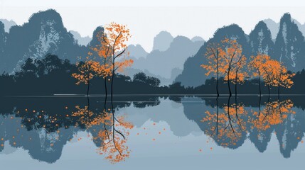 The serene image of autumn trees against a backdrop of mountains reflected in peaceful waters is a mixture of fantasy and natural beauty. - obrazy, fototapety, plakaty