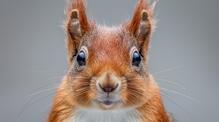   Close-up of a squirrel's expressive face with shock or surprise, set against a gray backdrop - obrazy, fototapety, plakaty