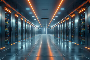 modern data center with rows of fully operational server racks illuminated by overhead lights - obrazy, fototapety, plakaty