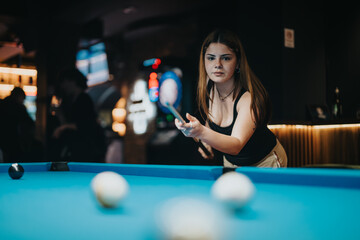Focused young lady playing billiards at a pub, embodying fun and togetherness with friends in a relaxed nightlife setting.