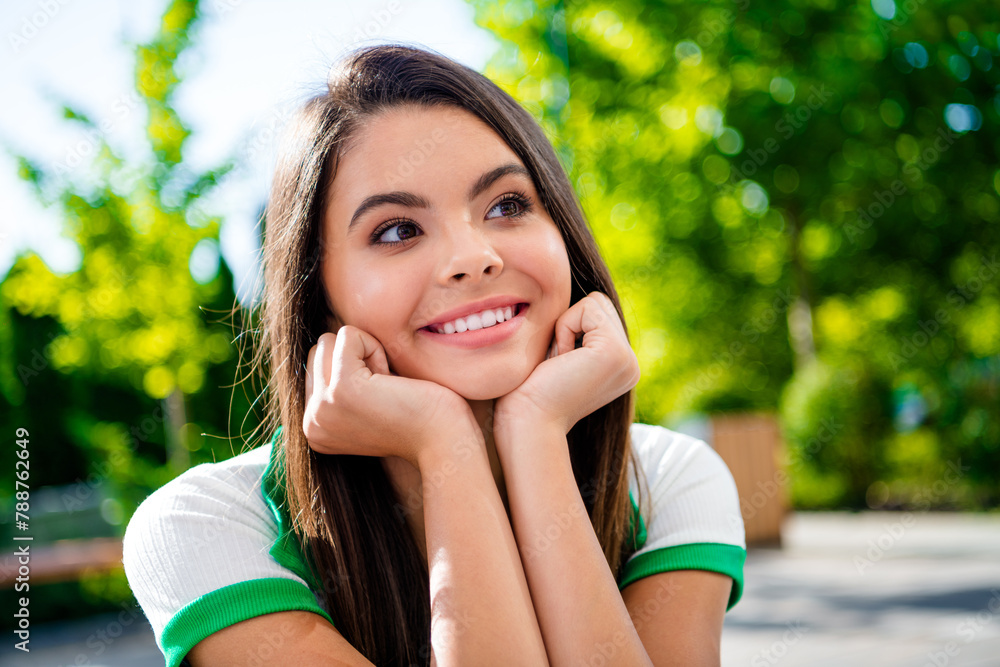 Sticker Portrait of dreamy pretty gorgeous girl hands touch face enjoying sun warm weather outside