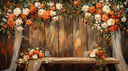 Fototapeta na wymiar A painting of a wooden wall with orange and white flowers, a table with wine glasses and a cloth drape.