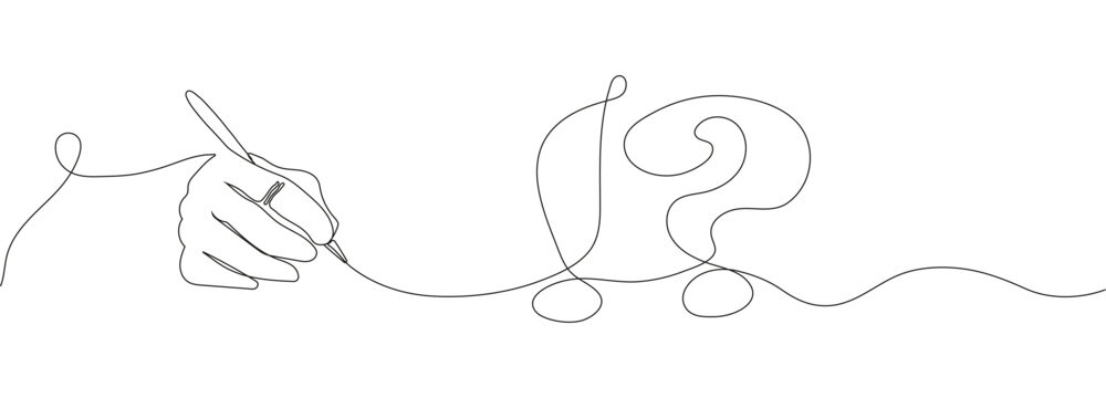 Question and exclamation marks with hands one line art.