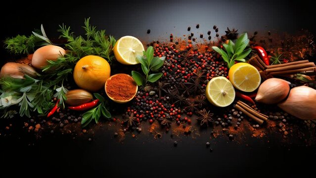 Many different seasonings pepper greens fruits and food on a black background flat lay copy space