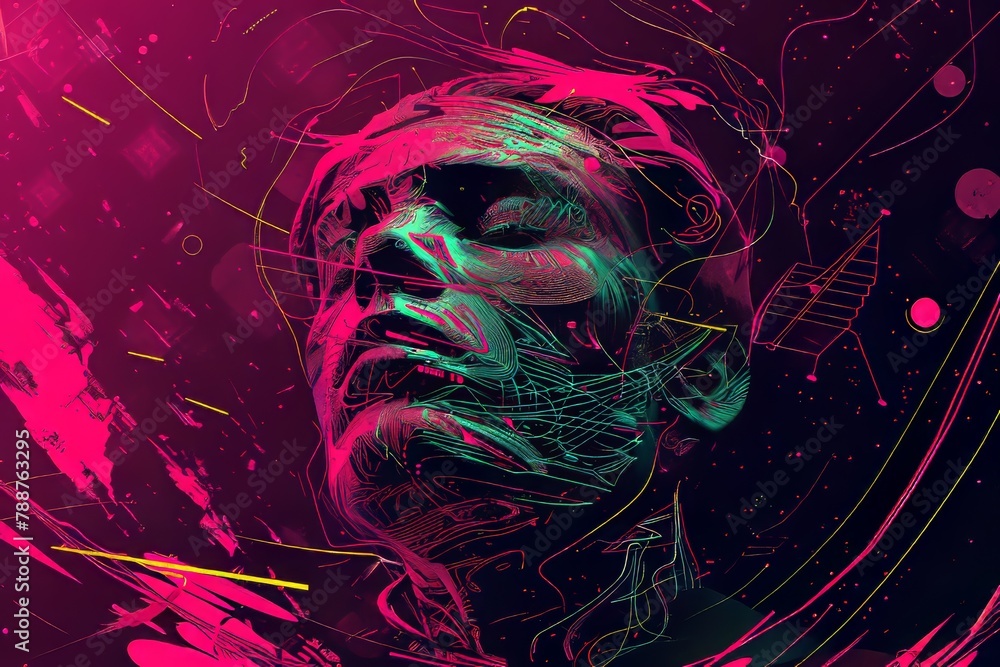 Poster an abstract human face amidst a kaleidoscope of colorful geometric shapes and lines, generative ai